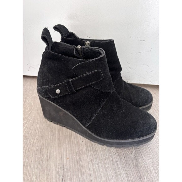 Eileen Fisher Tinker Sz 8.5 Black Suede Lug Chunky Wedge Ankle Bootie Zip - Picture 1 of 12